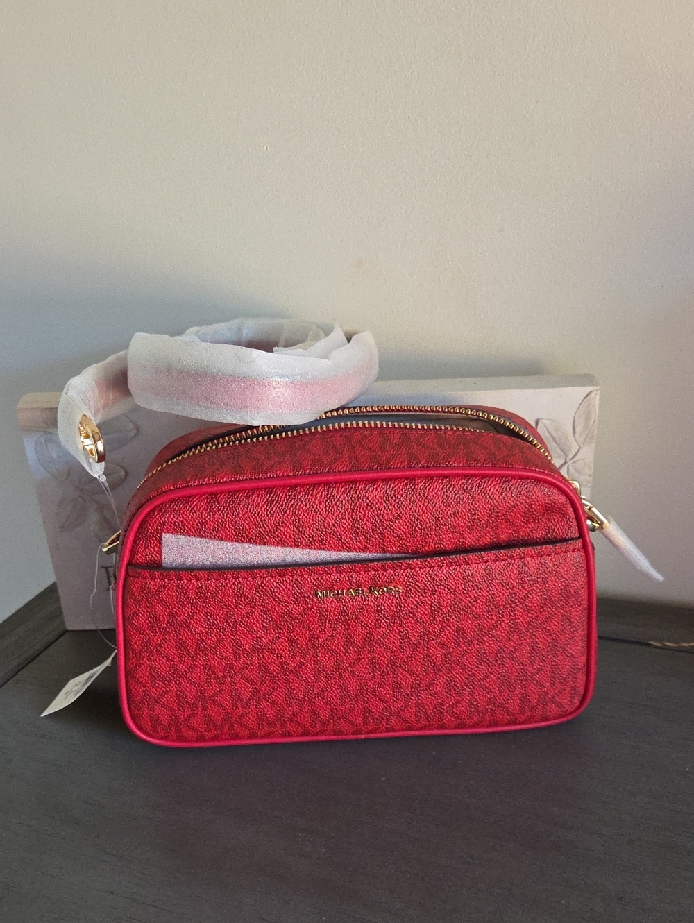 Michael Kors Jet Set Small Red Signature Logo Camera Crossbody Bag
